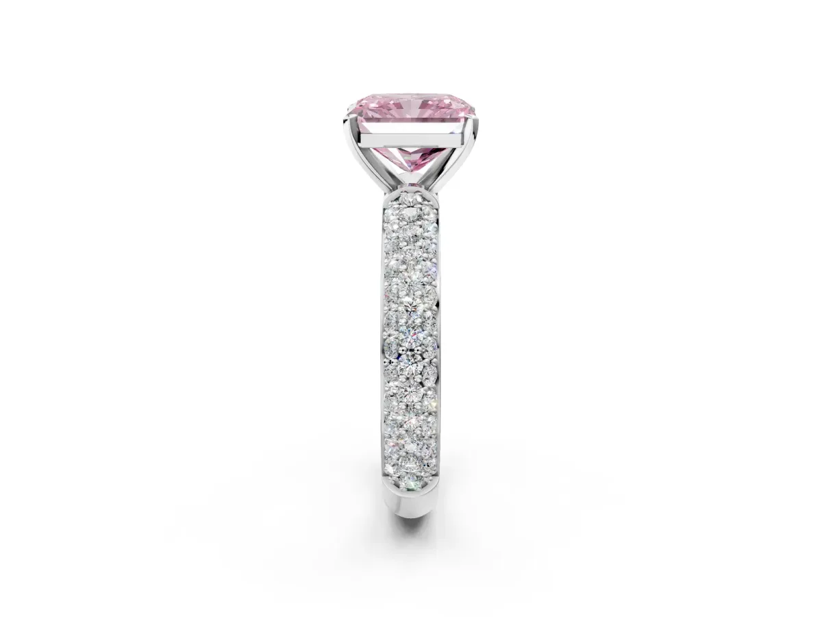 Fancy Pink Radiant Cut Diamond Solitaire Ring with Prong Setting and Pavé Band Platinum
