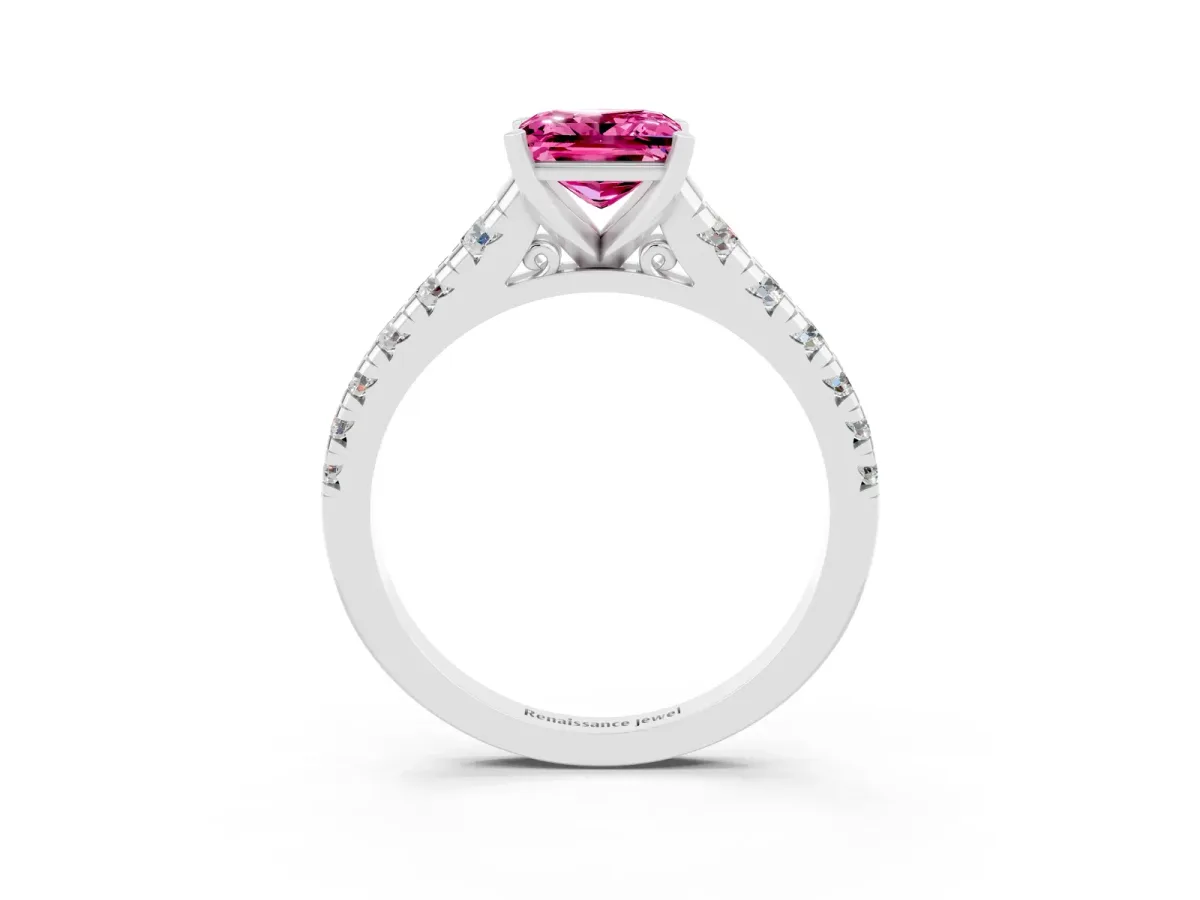 Princess Cut Pink Sapphire Cathedral Solitaire Ring with Round Pavé Band Silver