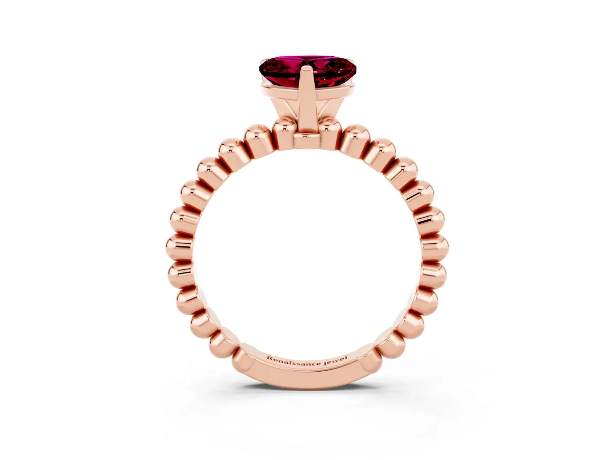 Heart Cut Garnet Solitaire Ring with Beaded Band and Prong Setting Rose gold
