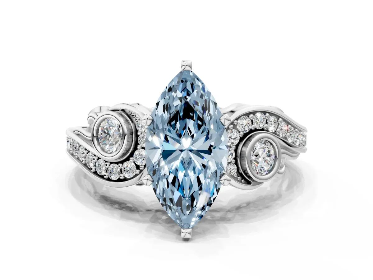 Fancy Blue Marquise Cut Diamond Solitaire Ring with Milgrain Pavé Band and Four-Prong Setting Silver