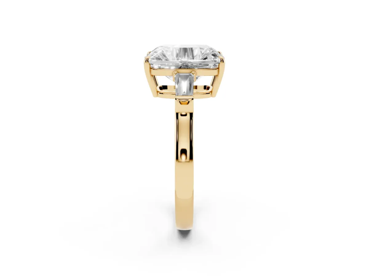 Old Mine Elongated Cushion Diamond with Side Tapered Baguette Three Stone Ring Yellow gold