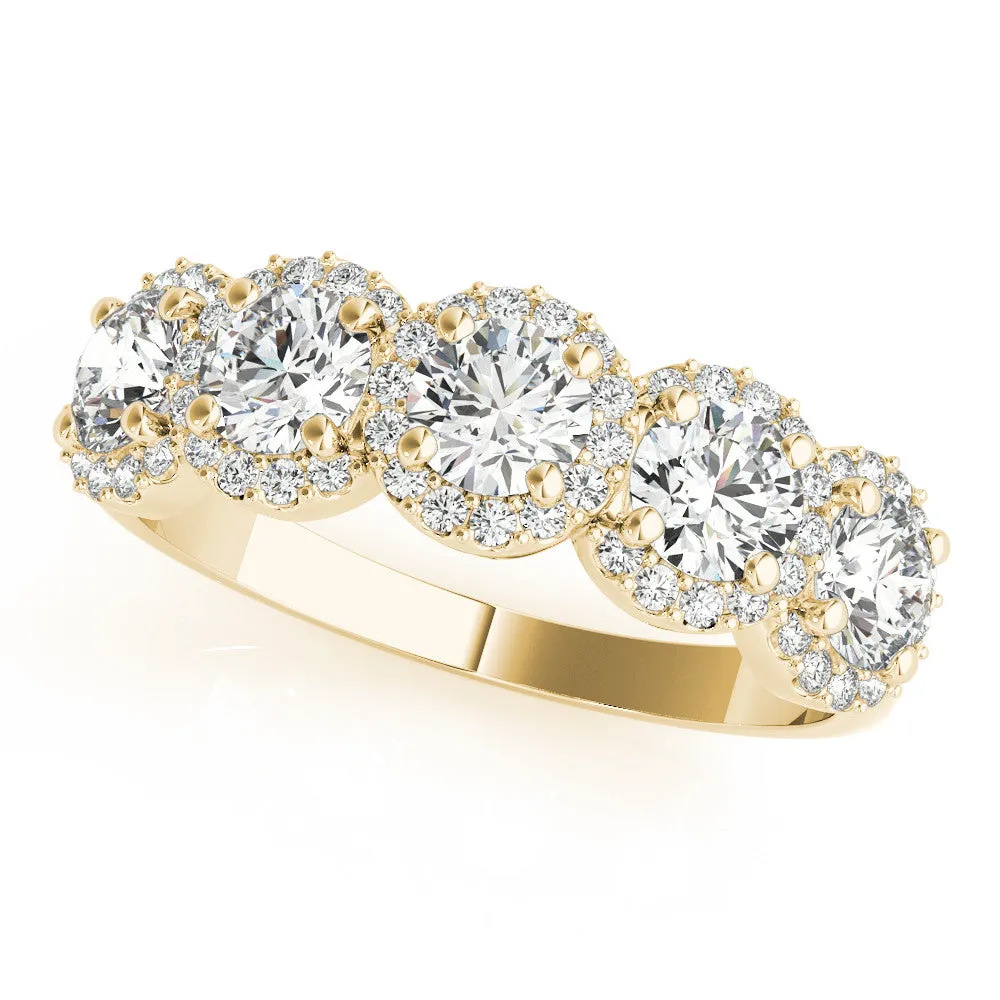 Round Diamond Halo Five-Stone Prong Set Band Yellow gold