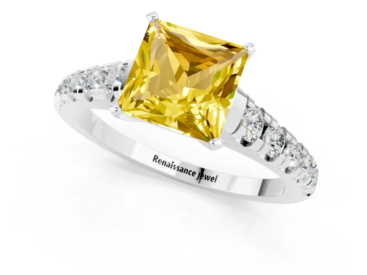 Princess Cut Yellow Sapphire Cathedral Solitaire Ring with Round Pavé Band Silver