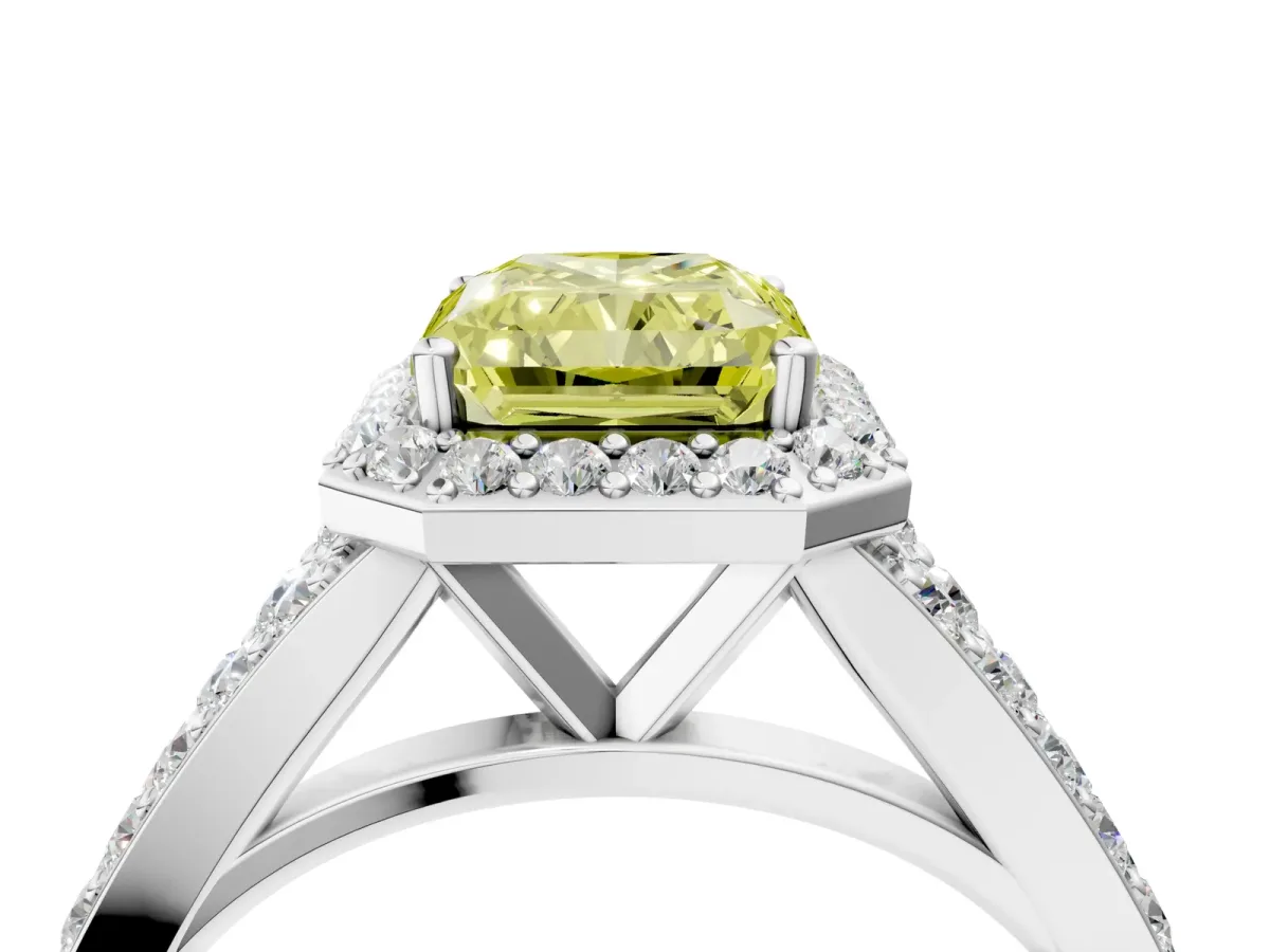 Fancy Yellow Radiant Cut Diamond Split Shank Halo Ring with Four-Prong Setting Platinum