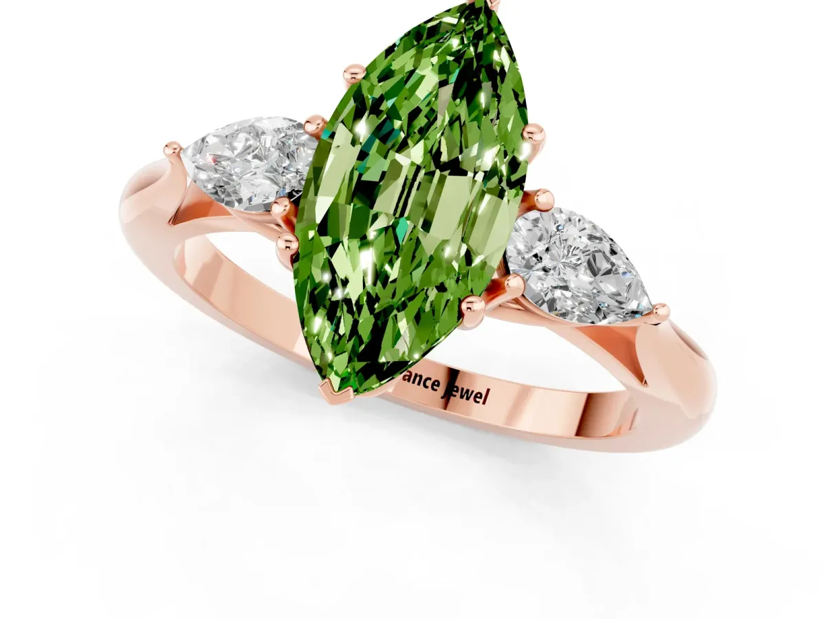 Marquise Cut Peridot Three-Stone Ring with Pear Side Stones and Prong Setting Rose gold