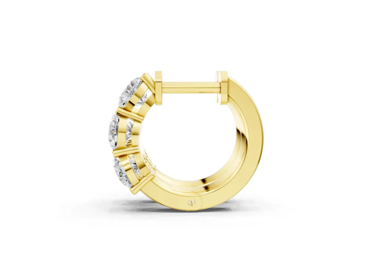 Triple Round Diamond Huggie Earrings with Prong Setting Yellow gold