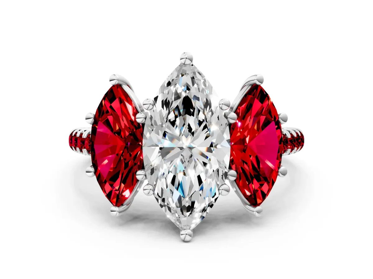 Three-Stone Marquise Cut Diamond Ring with Round Ruby Pavé Band and Prong Setting Platinum