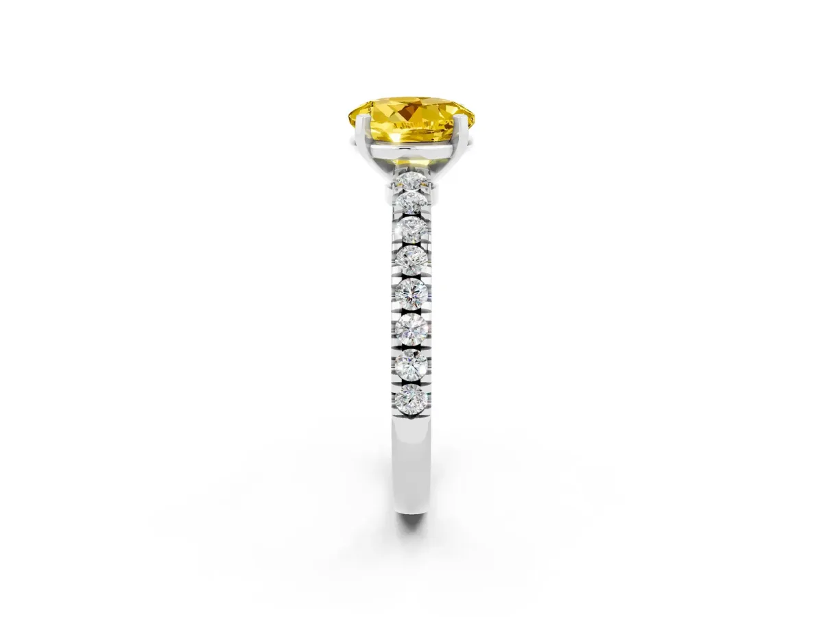 Round Cut Solitaire Yellow Sapphire with Pavé Band and Four-Prong Setting Silver