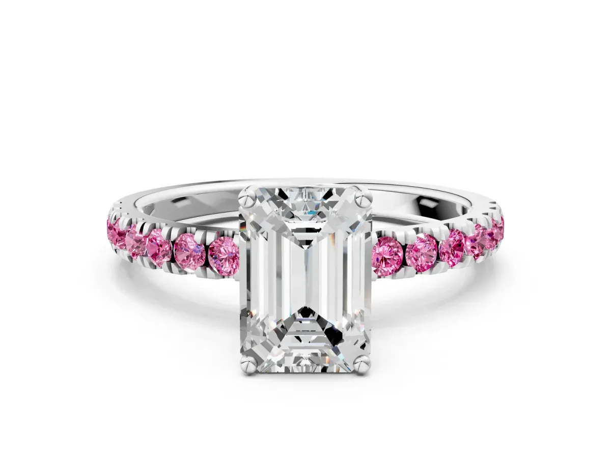 Emerald Cut Diamond Pave Band Solitaire Ring with Round Pink Sapphire and Prong Setting Platinum