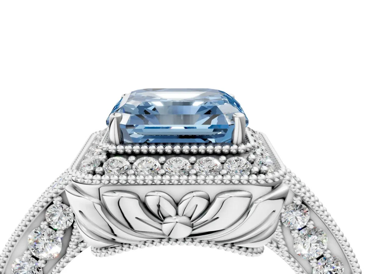 Fancy Blue Asscher Cut Halo Diamond Split Shank Ring with Milgrain Detail Platinum