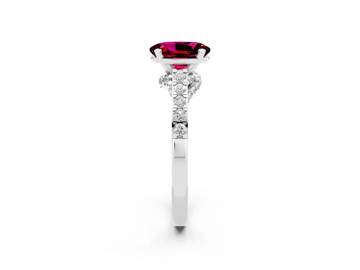 Oval Cut Garnet Solitaire Ring with Crossover Gallery and Round Pavé Band Platinum