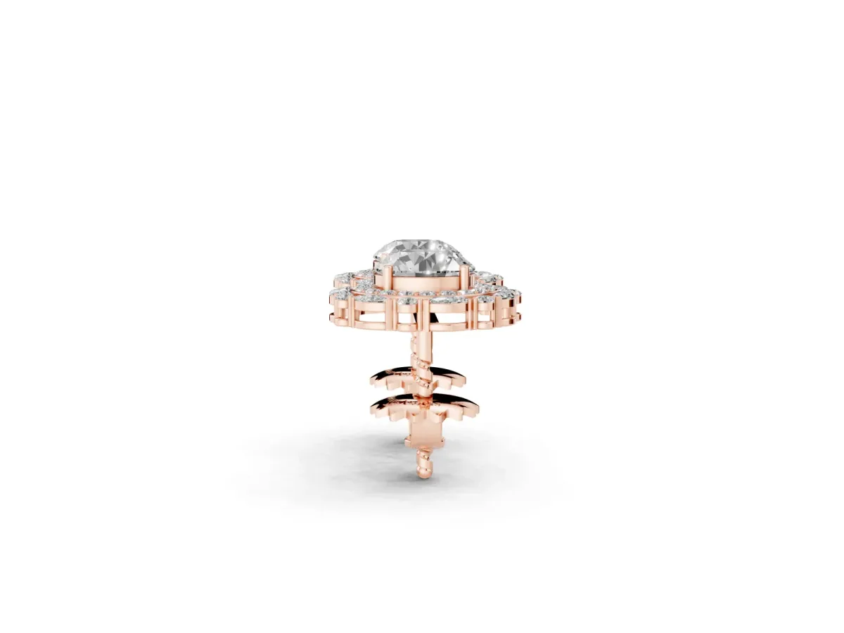 Round Diamond Double Halo Stud Earrings with Prong Setting Rose gold