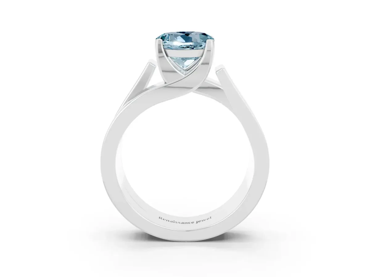 Modern Tension Set Round Cut Aquamarine Solitaire Wide Band Ring Silver