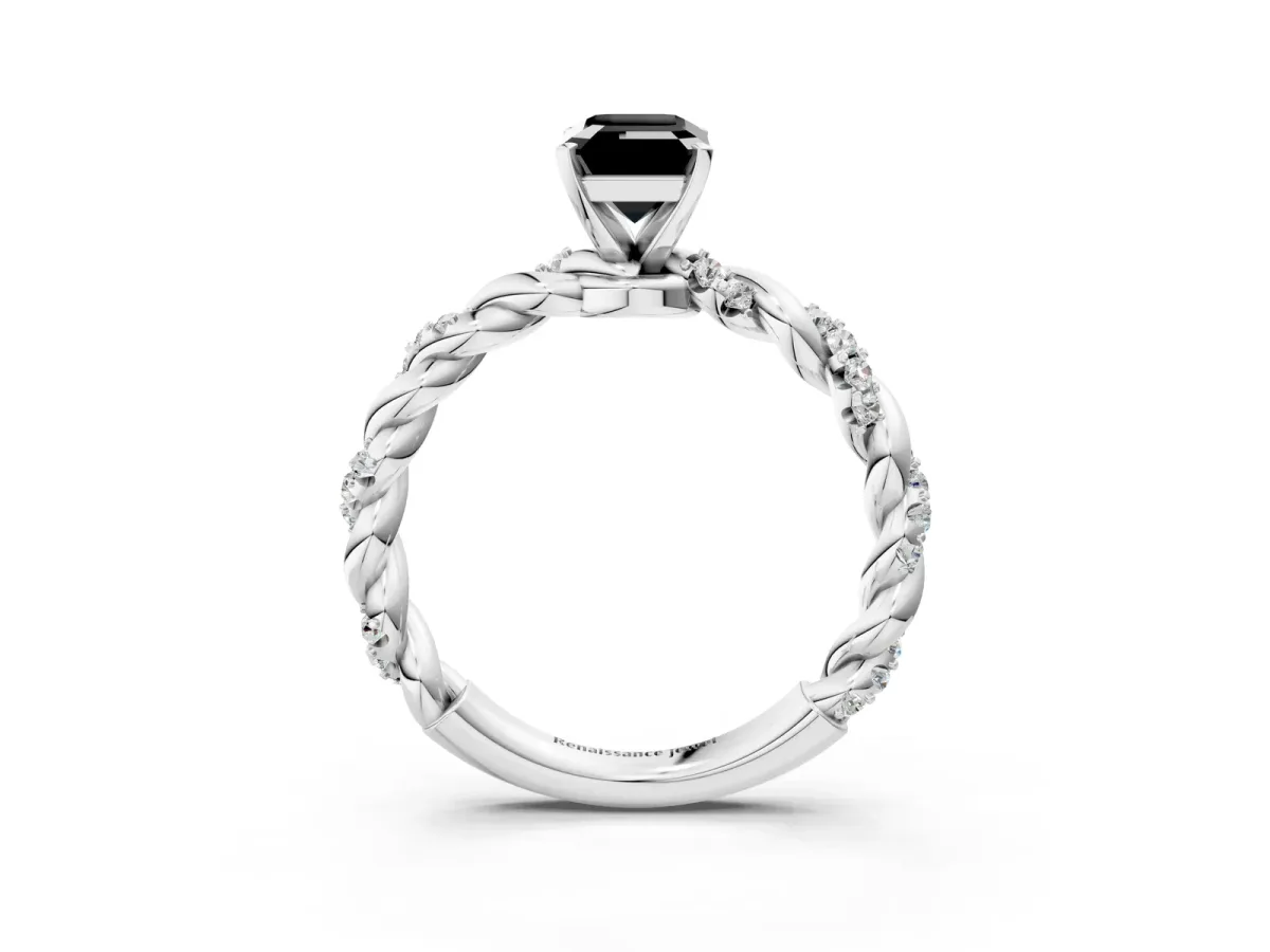 Fancy Black Emerald Cut Diamond Solitaire Ring with Twisted Band and Pavé Accents Platinum
