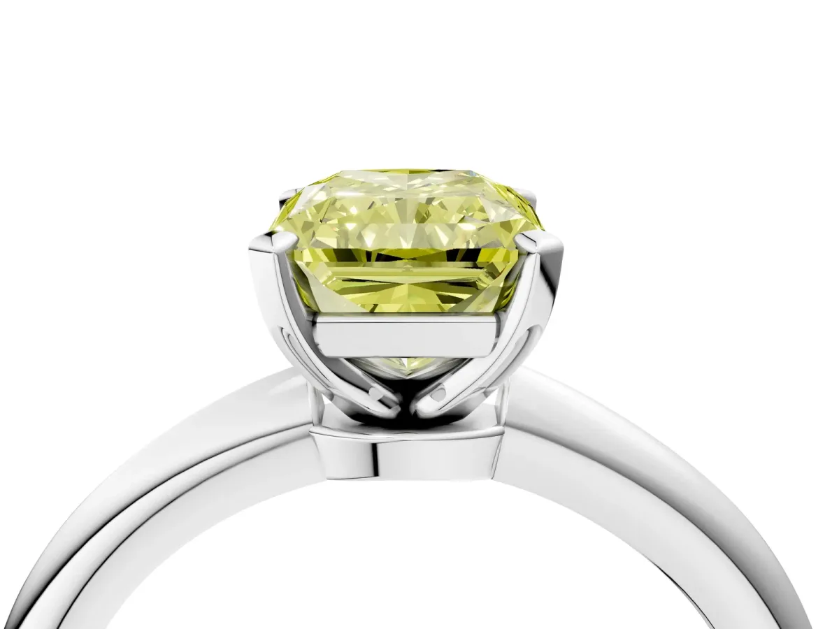Fancy Yellow Radiant Cut Diamond Solitaire Ring with Six-Prong Setting and Classic Band Silver