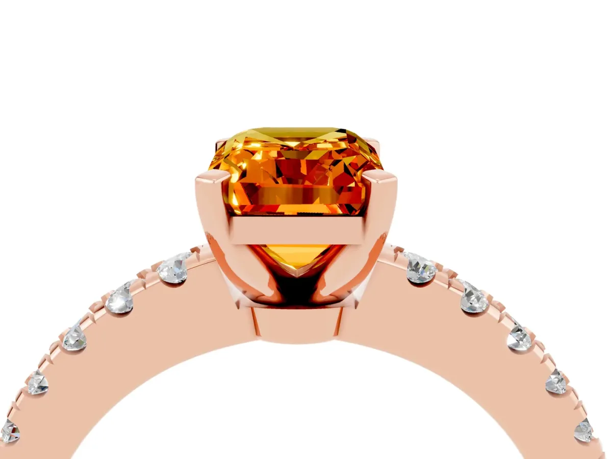 Emerald Cut Solitaire Citrine with Pavé Band and Four-Prong Setting Rose gold