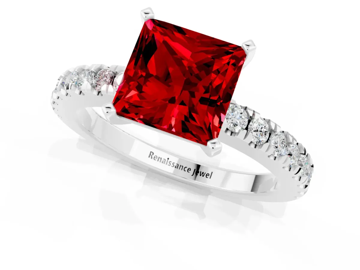 Princess Cut Solitaire Ruby with Pavé Band and Four-Prong Setting Silver