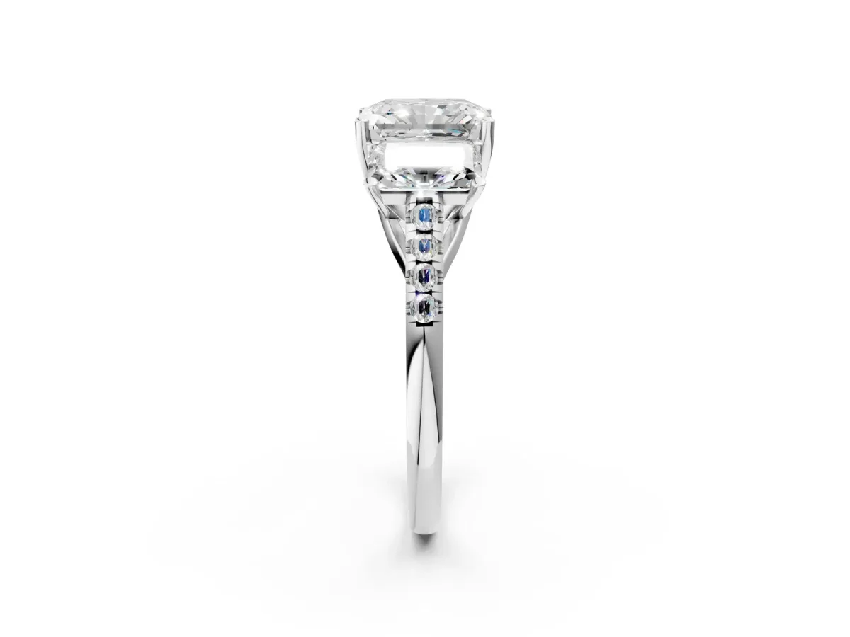 Three-Stone Radiant Cut Diamond Ring with Round Moissanite Pavé Band and Prong Setting Silver