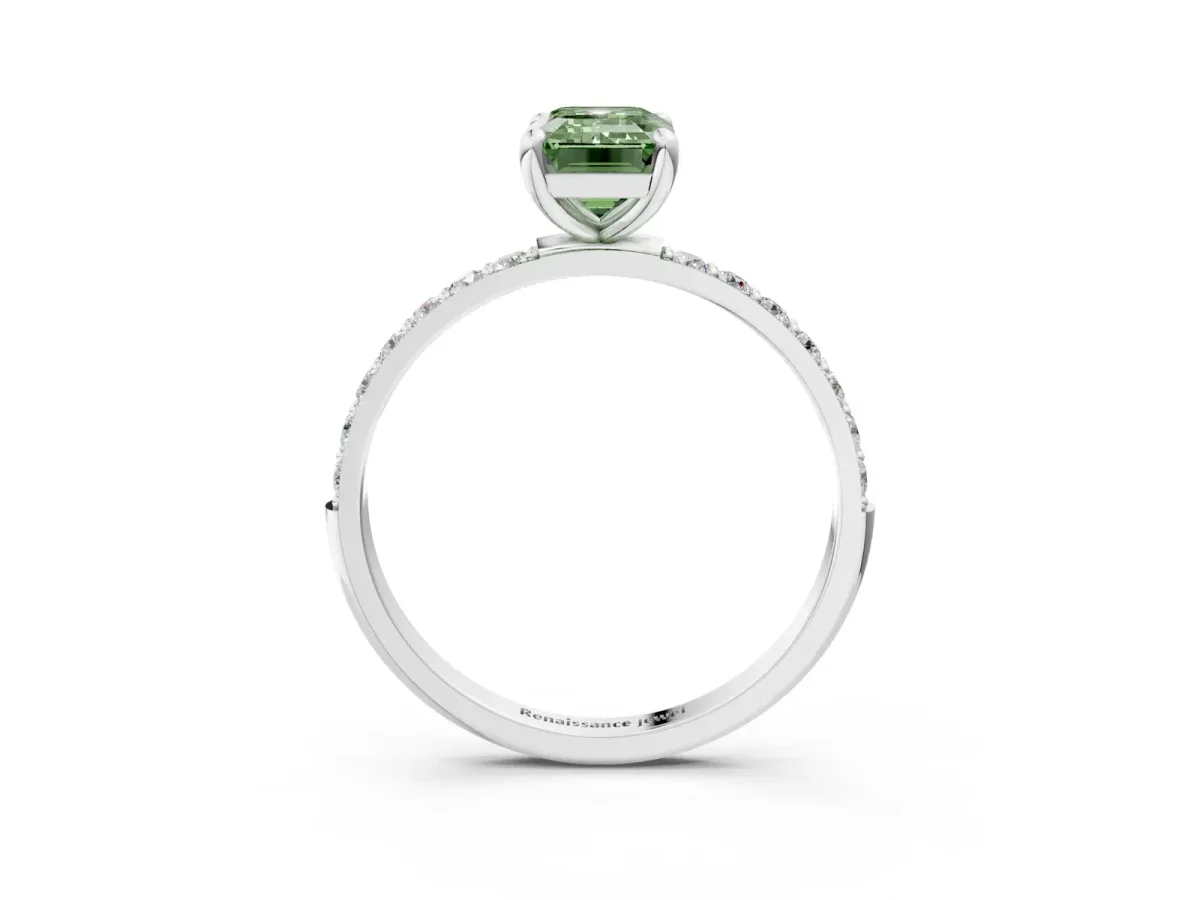 Fancy Green Emerald Cut Diamond Solitaire Ring with Round Pavé Band and Prong Setting Silver