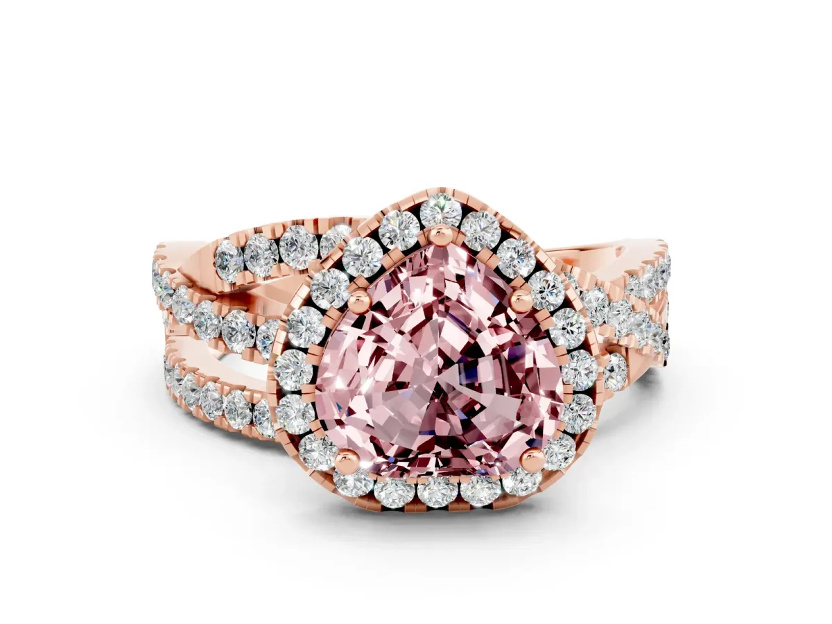 Heart Cut Morganite Halo Ring with Round Split Shank and Prong Setting Rose gold
