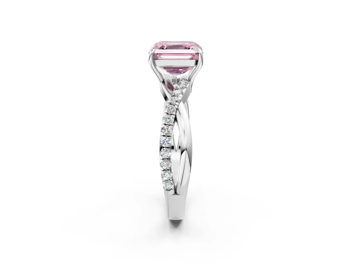 Fancy Pink Asscher Cut Cut Diamond Twisted Band with Pavé Setting and Four-Prong Setting Platinum