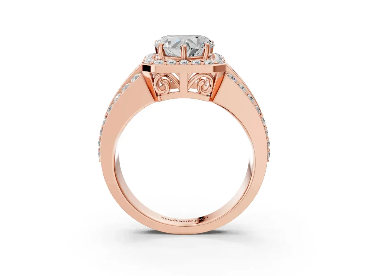 Heart Cut Halo Diamond Ring with Round Split Shank and Prong Setting Rose gold