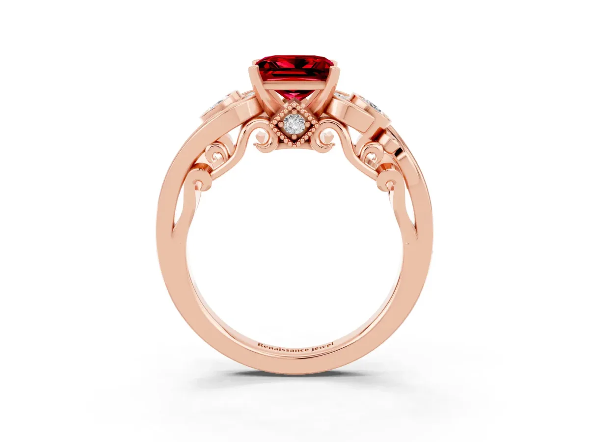 Princess Cut Ruby Solitaire Ring with Milgrain Pavé Band and Four-Prong Setting Rose gold