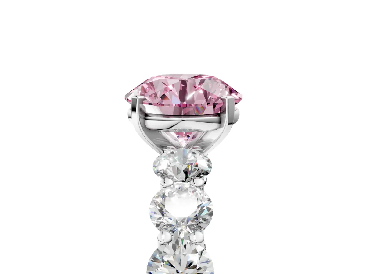 Fancy Pink Round Cut Diamond Prong Setting with Side Stones on a Pave Band White gold