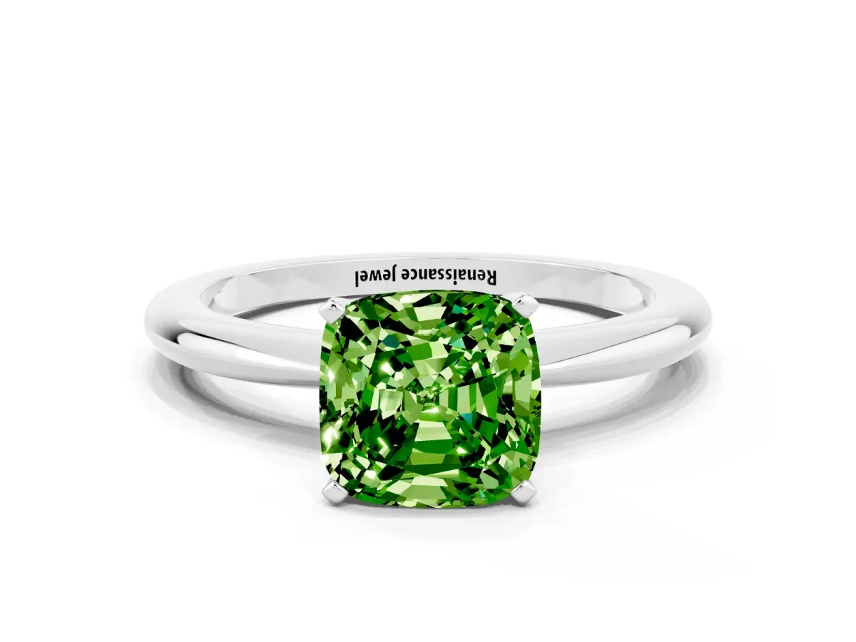 Cushion Cut Peridot Solitaire Ring with Six-Prong Setting and Classic Band Platinum