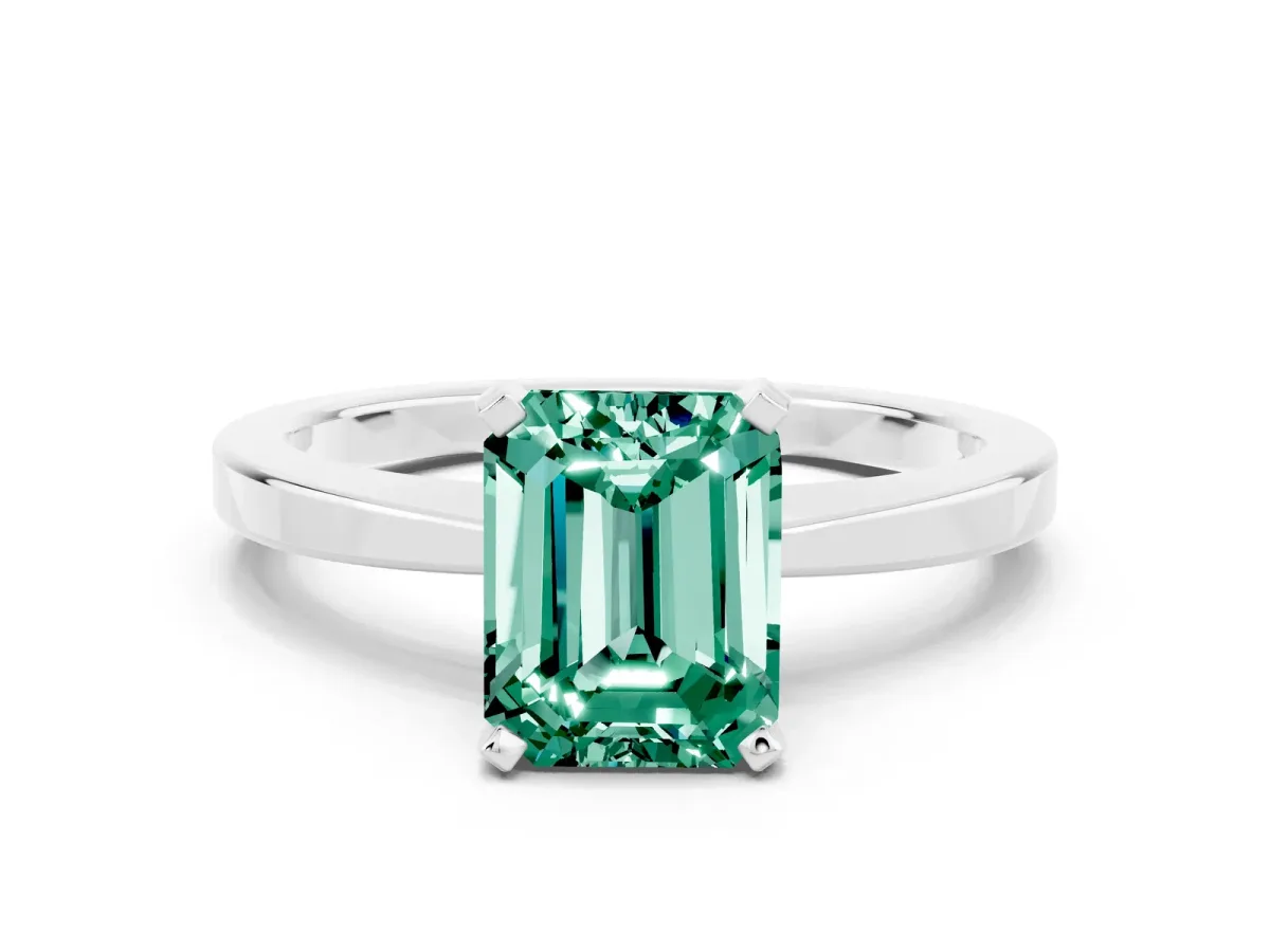 Emerald Cut Green Sapphire Solitaire Engagement Ring with Classic Band and Four-Prong Setting Silver