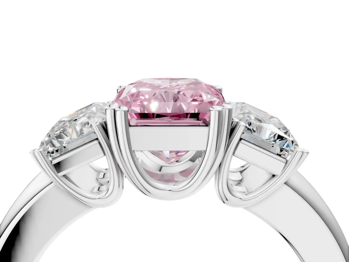 Fancy Pink Three-Stone Radiant Cut Cut Diamond Ring with Channel Set Band and Four-Prong Setting Silver