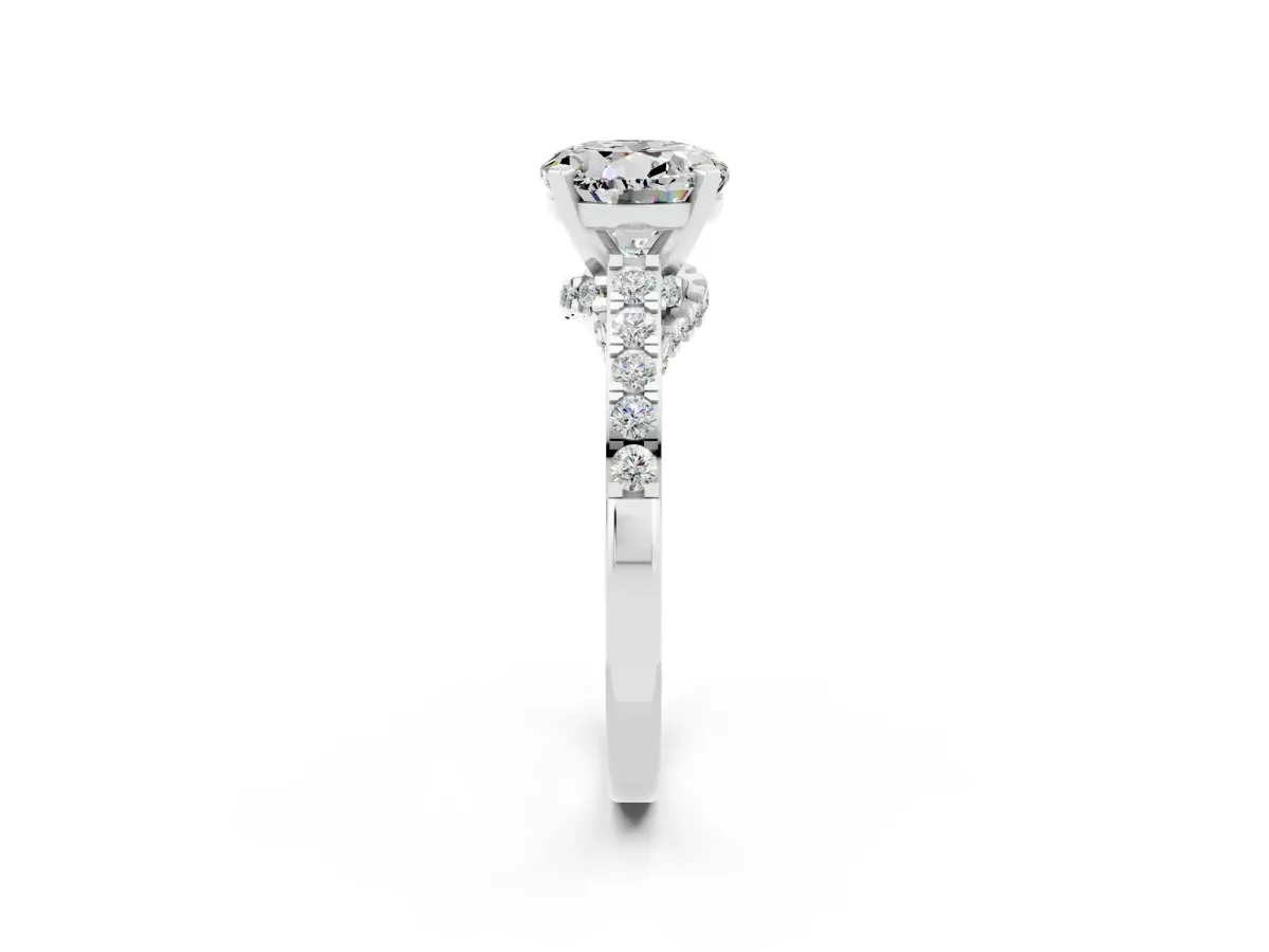 Round Cut Moissanite Solitaire Ring with Crossover Gallery and Round Pavé Band Silver