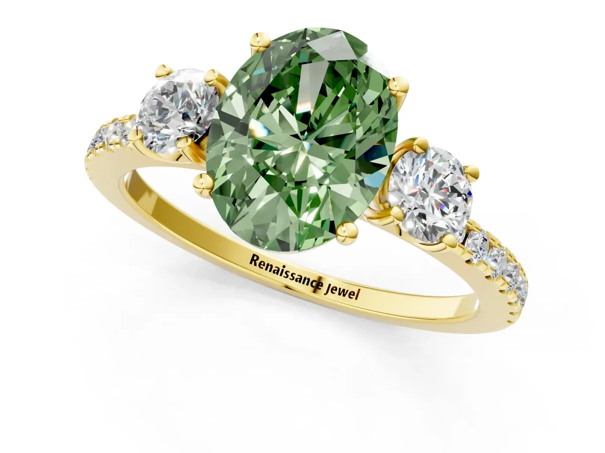 Fancy Green Three-Stone Oval Cut Cut Diamond Pavé Band with Prong Setting Yellow gold