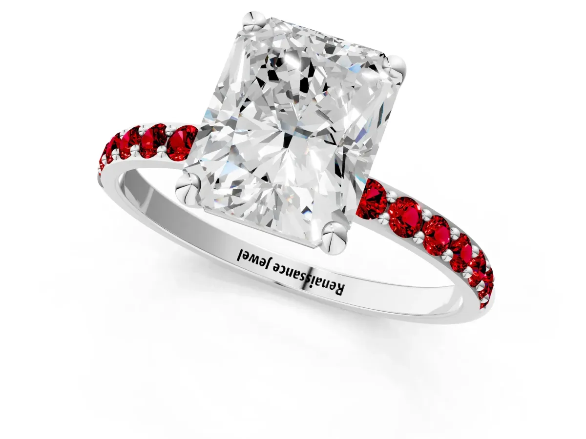 Radiant Cut Diamond Solitaire Ring with Round Ruby Pavé Band and Prong Setting White gold