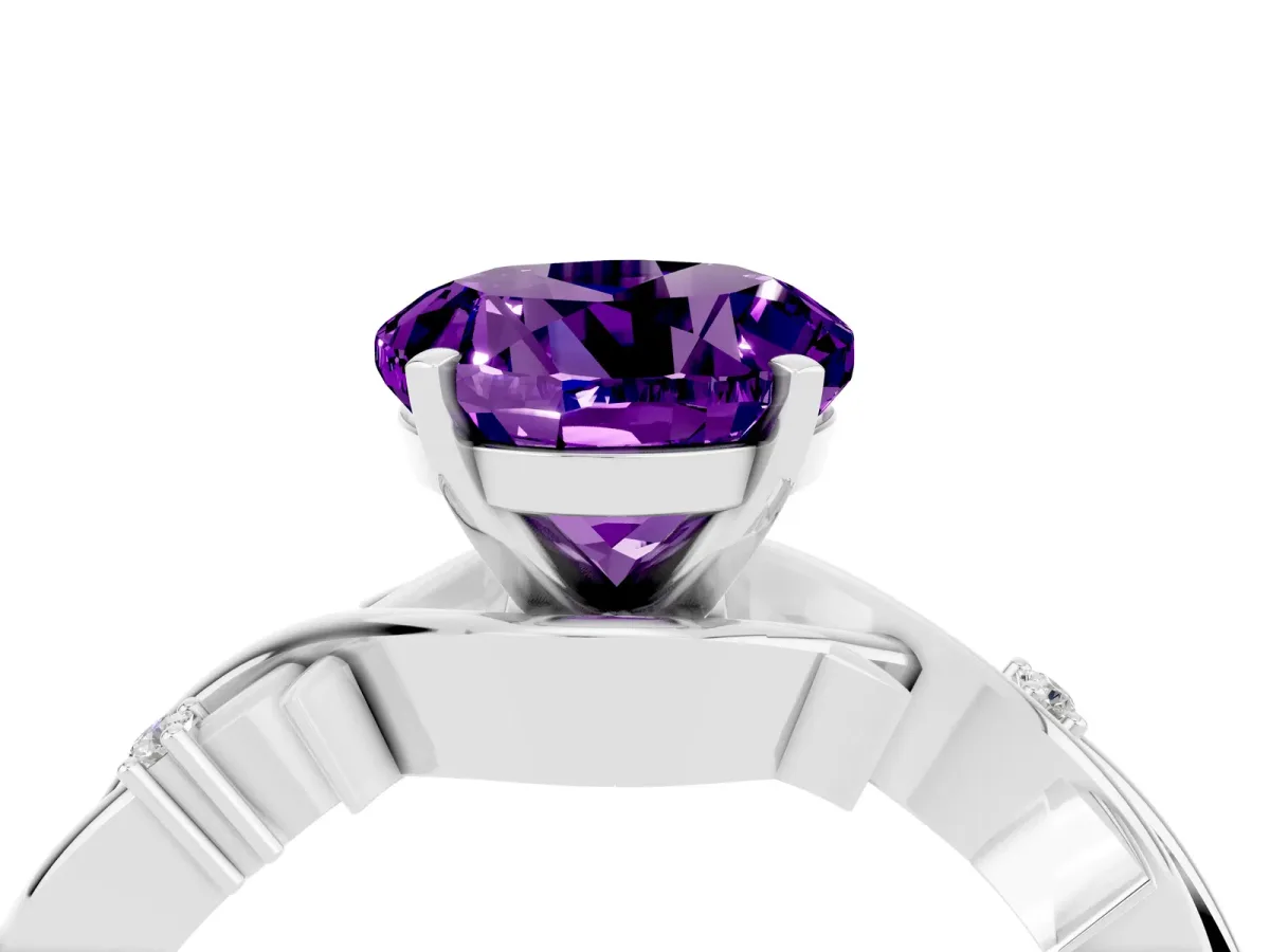 Round Cut Amethyst Solitaire Ring with Twisted Band and Prong Setting Silver
