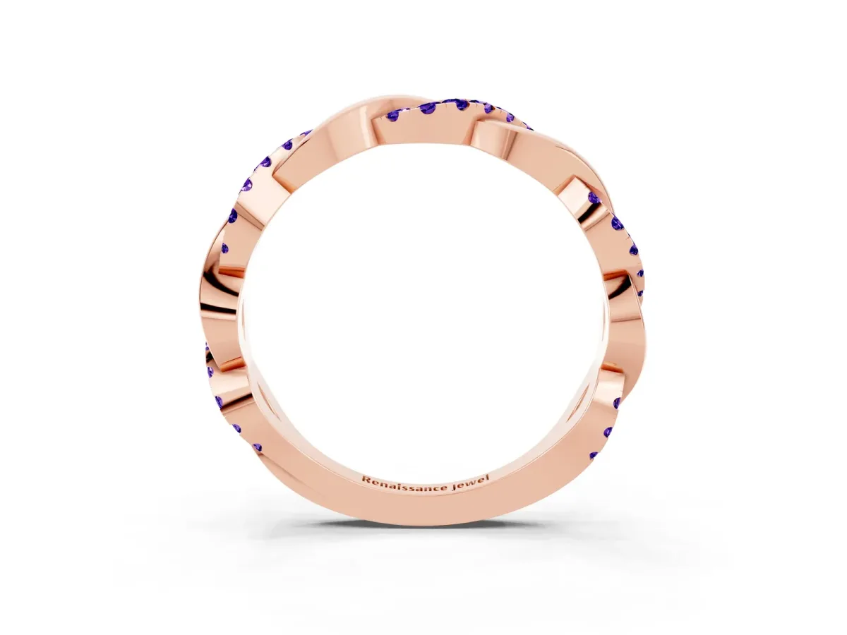 Pavé Round Tanzanite Twist Eternity Band with Shared Prong Setting Rose gold