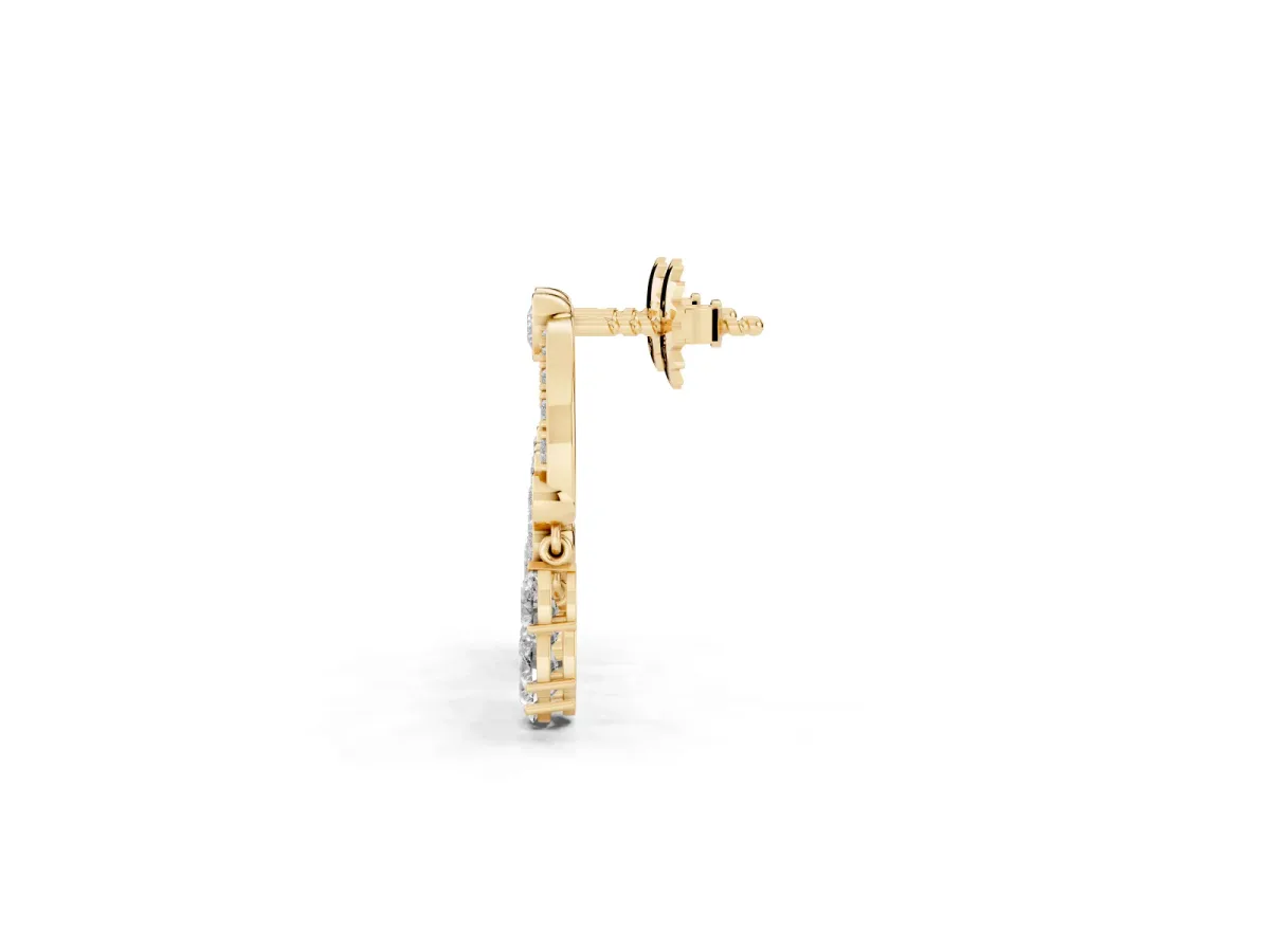 Round and Pear Diamond Dangle Earrings Yellow gold