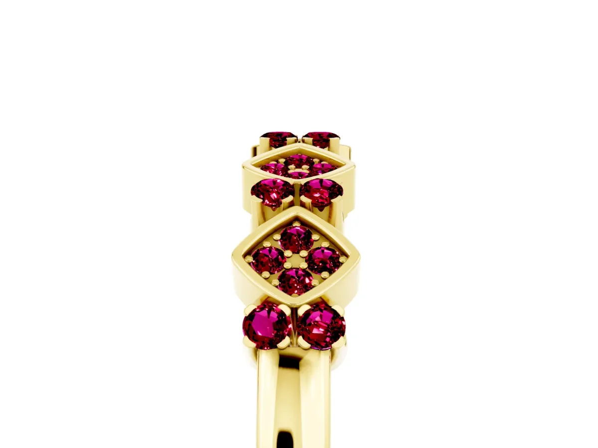 Pavé Cushion Garnet Cluster Eternity Band with Prong Setting Yellow gold