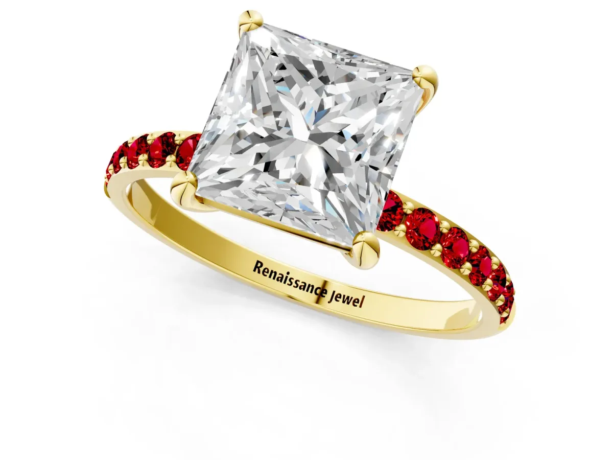 Princess Cut Diamond Solitaire Ring with Round Ruby Pavé Band and Prong Setting Yellow gold