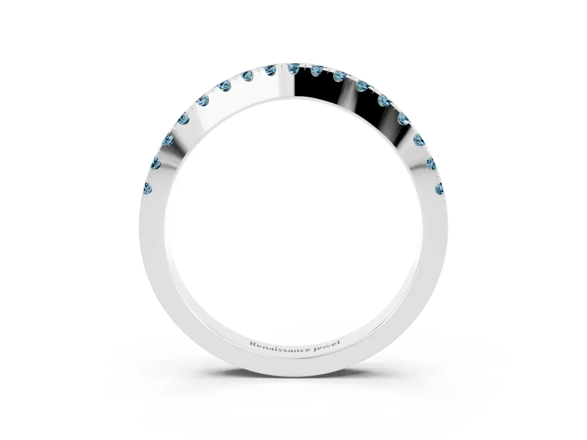 Round Aquamarine Pavé Curved Band with Shared Prong Setting Silver