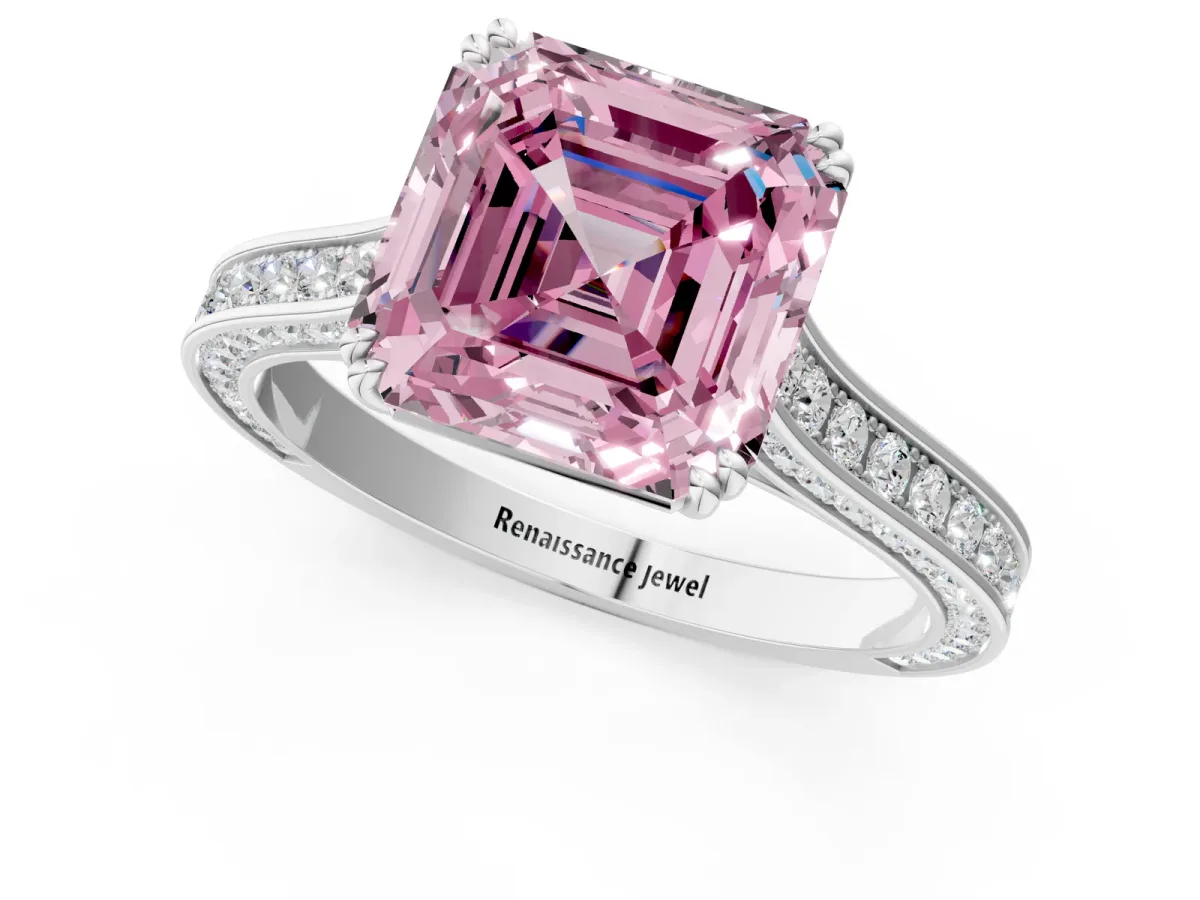Fancy Pink Asscher Cut Diamond Solitaire with Pave Band and Six-Prong Setting Platinum