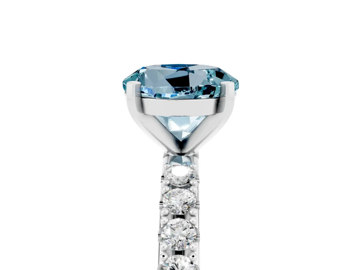 Round Cut Aquamarine Solitaire Pavé Band with Four-Prong Setting Silver