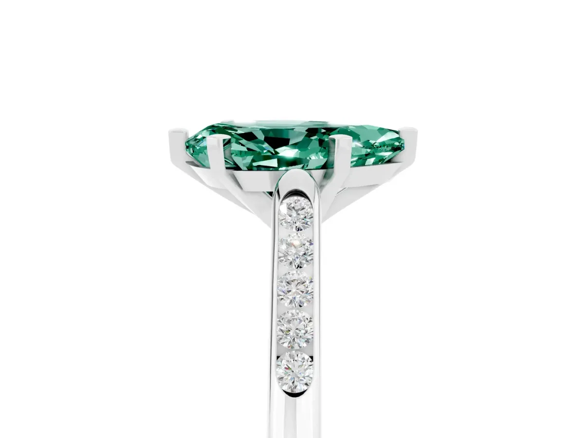 Pear Cut Green Sapphire Solitaire Ring with Channel Set Round Band and Prong Setting Silver