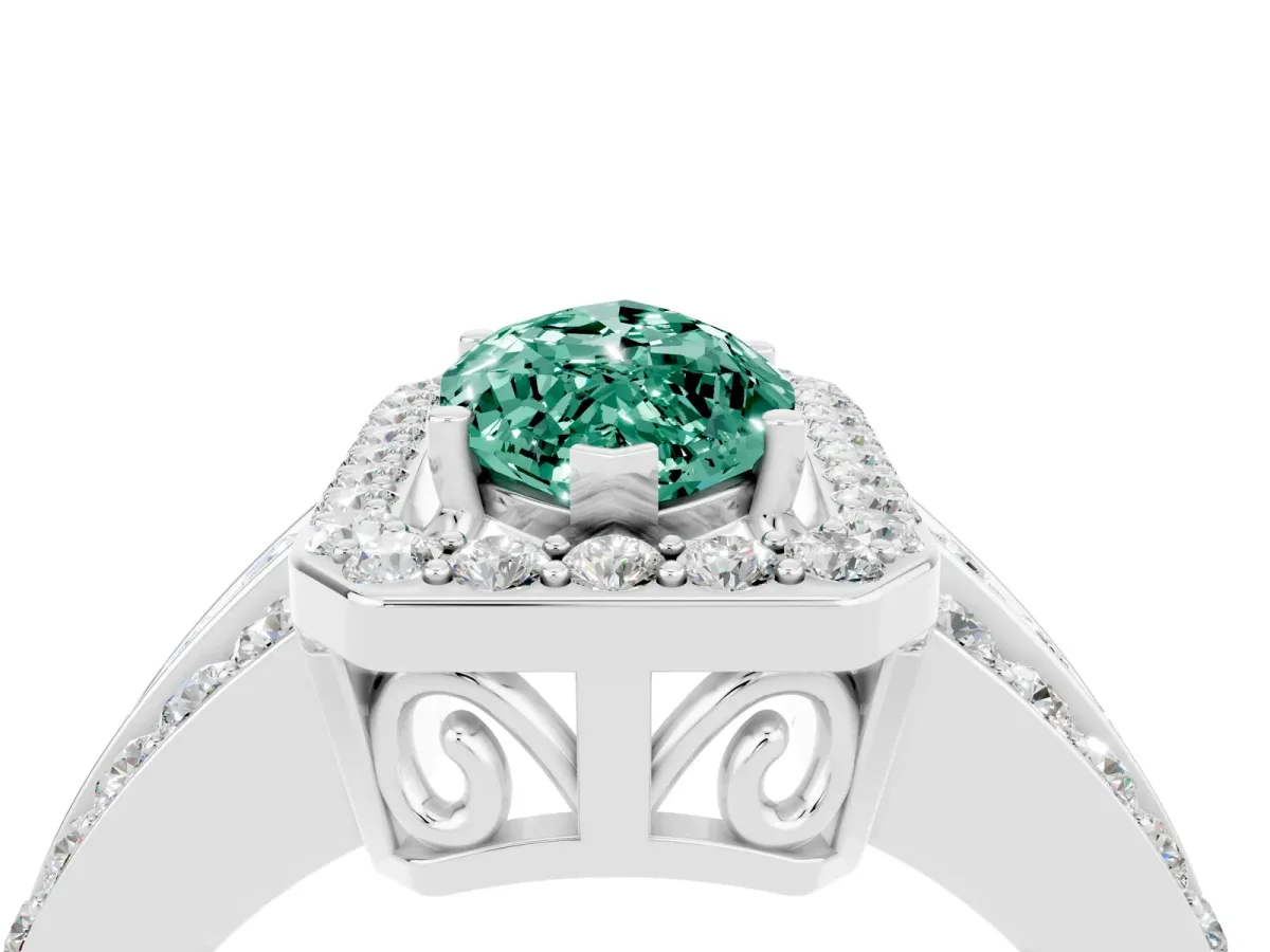 Marquise Cut Halo Green Sapphire Ring with Round Split Shank and Prong Setting Silver