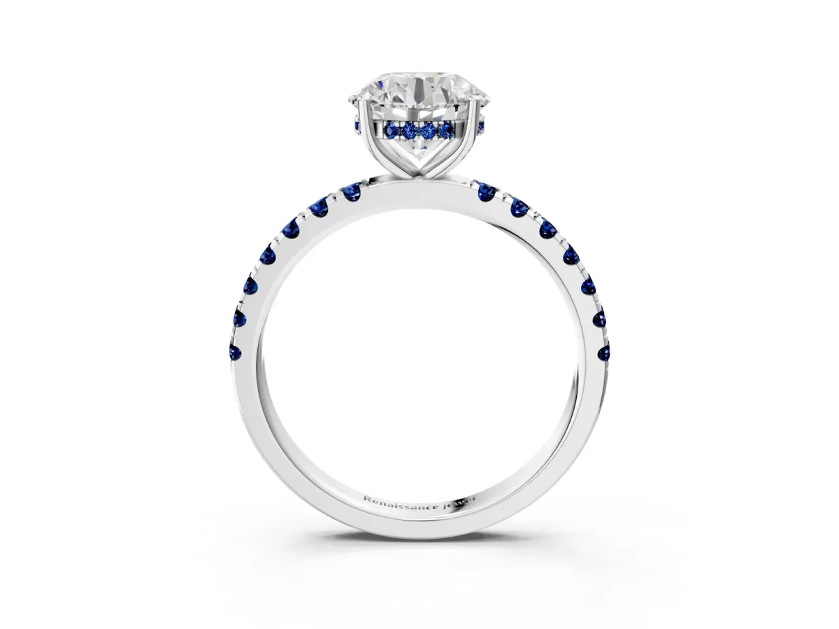 Round Cut Diamond Pave Band Solitaire Ring with Round Blue Sapphire and Prong Setting Silver