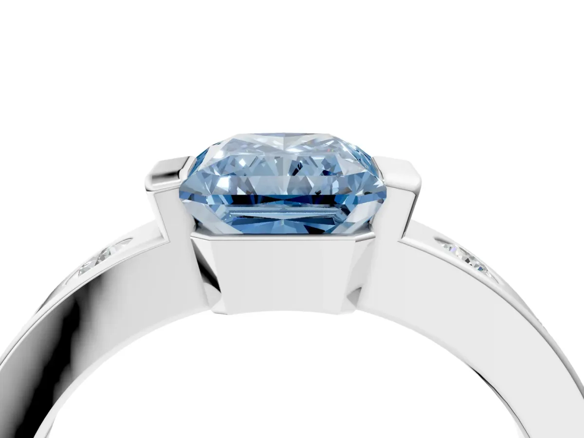 Fancy Blue Radiant Cut Brilliant Channel-Set Diamond Ring with Bezel Prong Setting Platinum