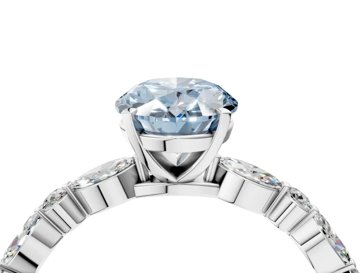 Fancy Blue Oval Cut Diamond Ring with Marquise and Round Side Stones and Four-Prong Setting Silver