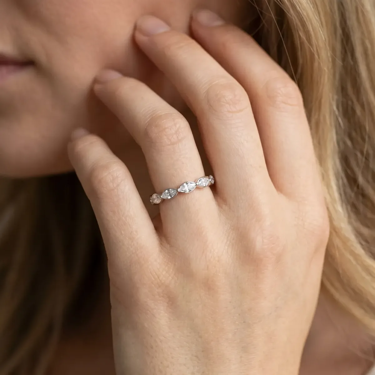 Marquise Diamond Half Eternity Band with Prong Setting Silver