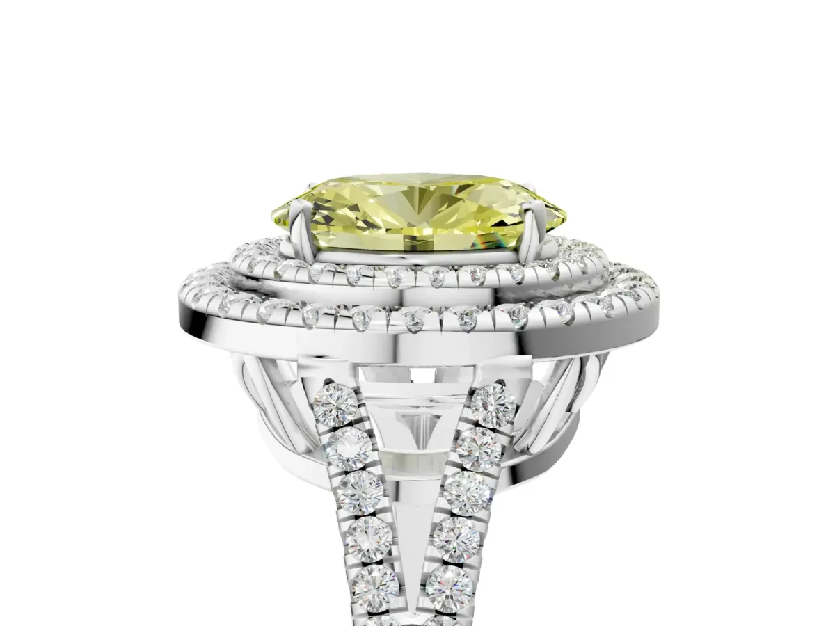 Fancy Yellow Oval Cut Diamond Double Halo Ring with Pavé Band and Prong Setting Silver