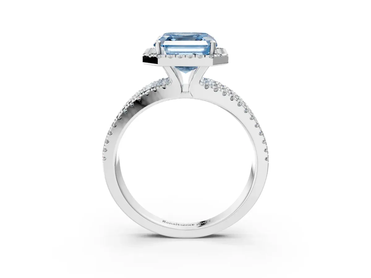 Fancy Blue Asscher Cut Diamond Halo Engagement Ring with Split Shank and Four-Prong Setting Platinum